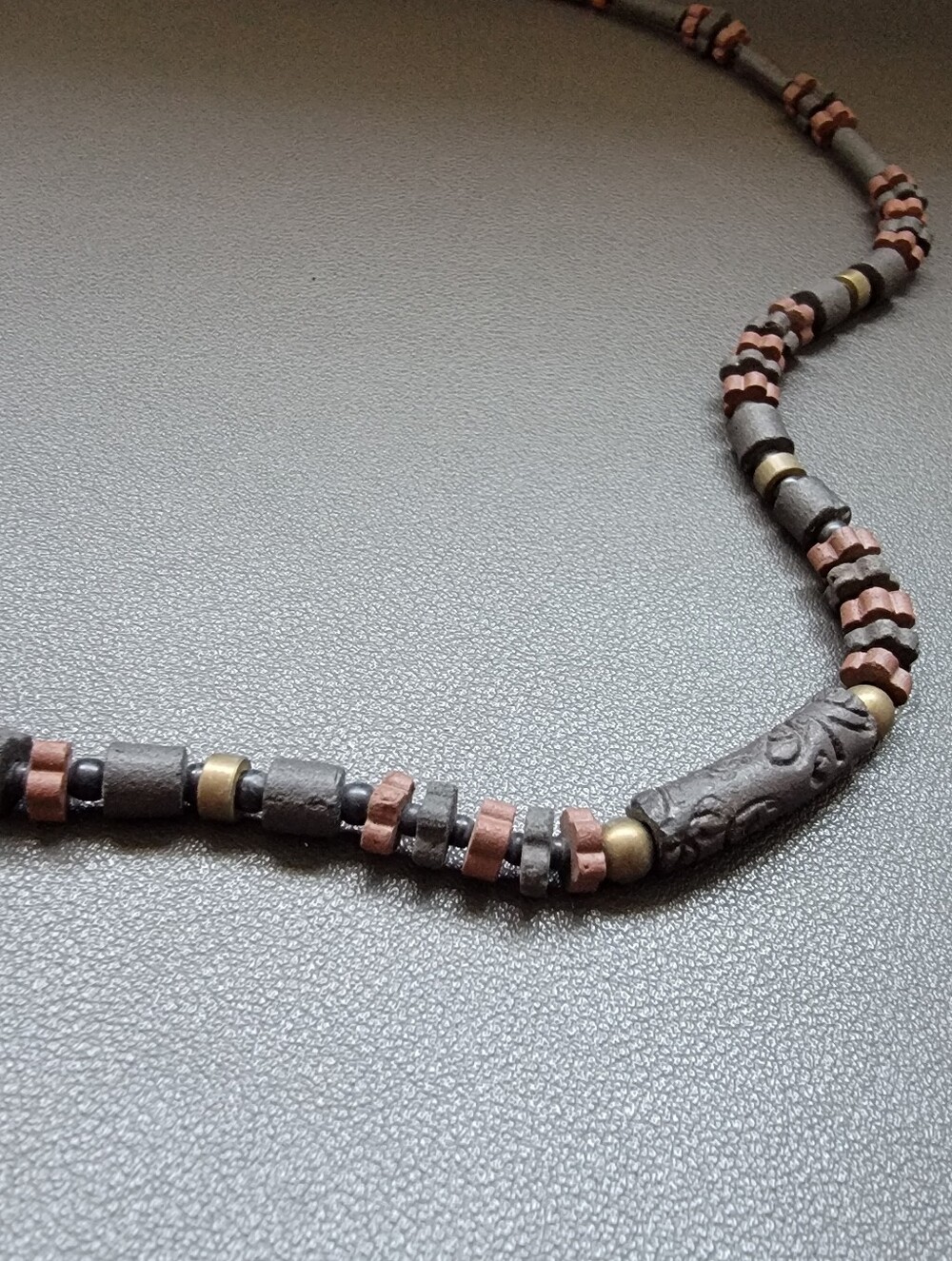 Vintage Artisan Lava Stone Beaded Necklace Hand Carved Focal Bead Ethnic Tribal